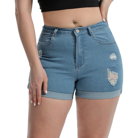 Frazzle Mid Blue High Waisted Summer Elastic Folded Denim Shorts for Women - Picture 1 of 5